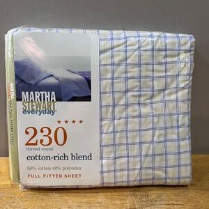 Vtg Martha Stewart Everyday Full Fitted Sheet 230 TC Plaid Blue Yellow 2000 NEW